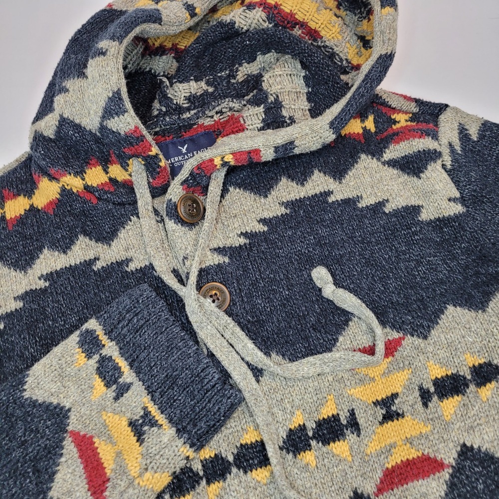 American Eagle Southwestern Knit Hoodie Mens M Blue Grey Aztec Henley Sweater